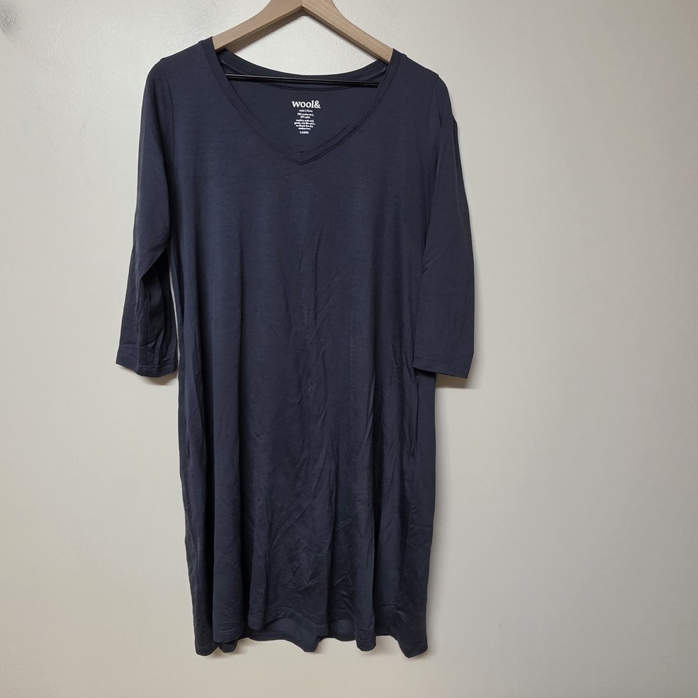 Wool& Wooland Willow L Long Navy Blue 3/4 Sleeve Swing  Dress Women Merino Wool